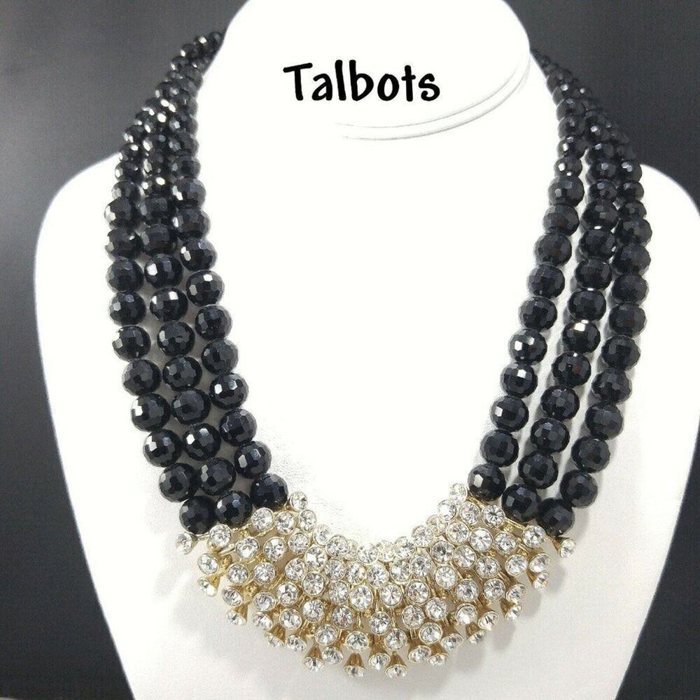 Talbots Black Glass Bead Rhinestone Statement Necklace NWT